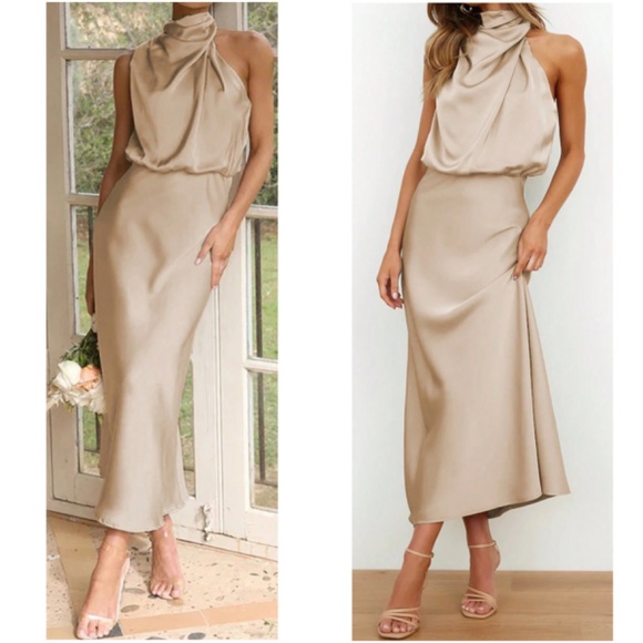 Luxe Sleeveless Satin Drape Neck Party Evening Midi Dress - Picture 3 of 7